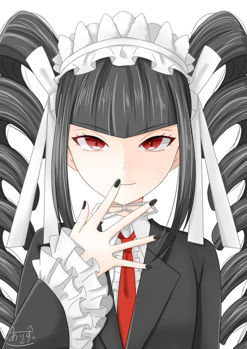 1girl black_hair black_jacket black_nails bow celestia_ludenberck commentary danganronpa danganronpa_1 drill_hair frilled_sleeves frills gothic_lolita hair_bow hand_to_own_mouth highres jacket lolita_fashion long_hair necktie outstretched_hand portrait red_eyes signature simple_background smug solo sonodaarisu0731 very_long_hair white_background