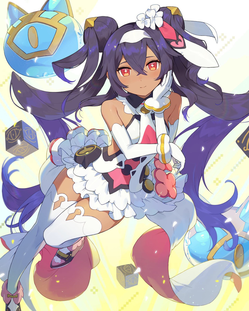 +_+ 1girl bare_shoulders bright_pupils collared_dress commentary_request cube cygames dark_skin detached_sleeves double_bun dress elbow_gloves eye_print flower frilled_dress frilled_skirt frills full_body gloves glowing_petals hair_between_eyes hair_flower hair_ornament hand_on_own_cheek hand_on_own_face headband highres light_smile long_hair looking_at_viewer magical_girl neftim petals purple_hair red_eyes shibainu simple_background skirt sleeveless sleeveless_dress solo tan thighhighs twintails very_long_hair white_dress white_gloves white_legwear world_flipper