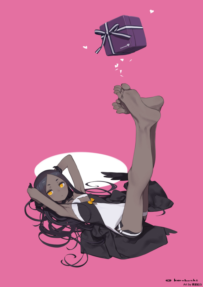 1girl armpits arms_behind_head bangs barefoot black_hair box dark_skin demon_girl dress feet flat_chest gift gift_box heart highres horns kuroboshi_kouhaku legs legs_up long_hair looking_at_viewer lying on_back original parted_bangs pink_background simple_background soles solo toes twitter_username yellow_eyes