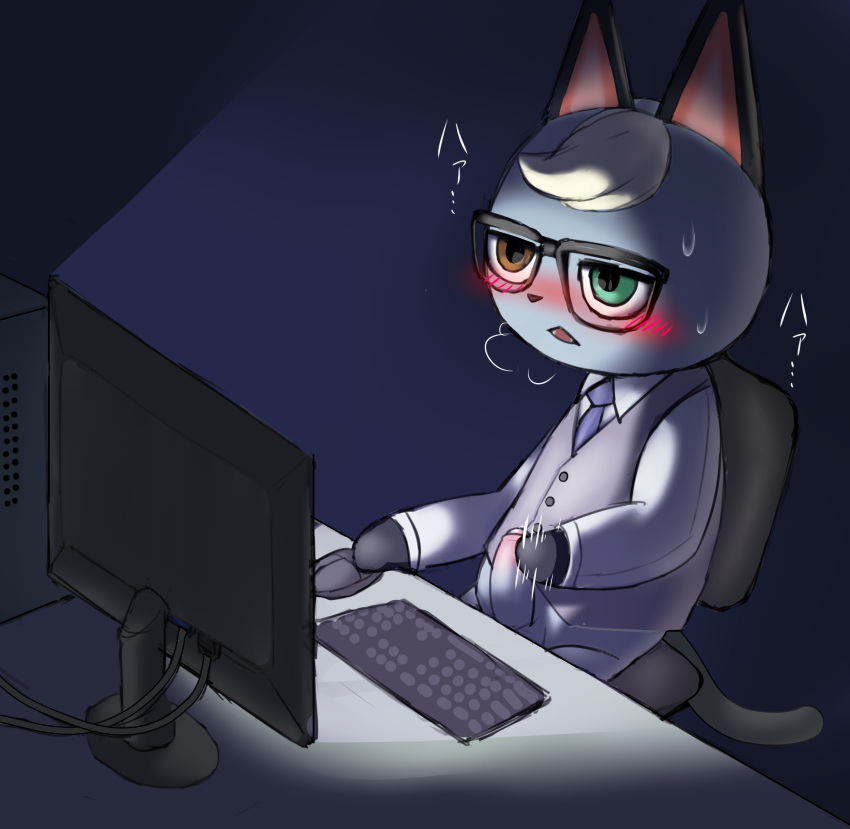 animal_crossing anthro ateni blonde_hair blush bodily_fluids chair clothed clothing computer computer_mouse domestic_cat eyewear felid feline felis fur furniture genitals glasses grey_body grey_fur hair heterochromia hi_res male mammal masturbation monitor nintendo penis raymond_(animal_crossing) sitting solo sweat video_games