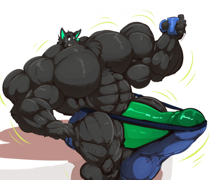 anthro balls balls_expansion big_balls big_muscles big_penis black_body black_fur bobert bodily_fluids canid canine canis clothing cup eclipse_moon_warnock erection fur genitals green_penis growth holding_object huge_balls huge_muscles huge_penis hyper hyper_balls hyper_genitalia hyper_muscles hyper_pecs hyper_penis male mammal muscle_growth musclegut muscular penis penis_expansion simple_background solo stretched_clothing sweat sweatdrop underwear white_background wolf