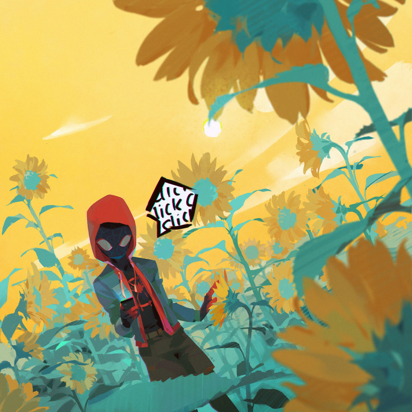 1boy a-shacho absurdres bodysuit dutch_angle field flower flower_field highres hood hoodie huge_filesize jacket leaf male_focus miles_morales solo spider-man:_into_the_spider-verse spider-man_(miles_morales) spider-man_(series) sunflower yellow_background yellow_sky