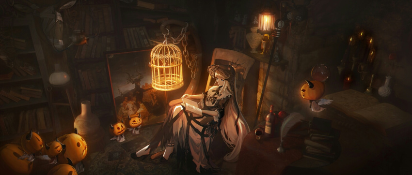 1girl arknights bangs birdcage black_choker black_dress black_footwear black_headwear blonde_hair blunt_bangs bonnet book book_stack bookshelf bottle cage candle candlestand chain chair choker closed_mouth commentary cup double-flo dress drinking_glass fire francisco_goya full_body ghost_costume high_heels indoors jack-o'-lantern lantern long_hair nightingale_(arknights) painting_(object) quill reading rocking_chair sitting spirit staff taxidermy vase very_long_hair wine_bottle wine_glass wings witches'_sabbath