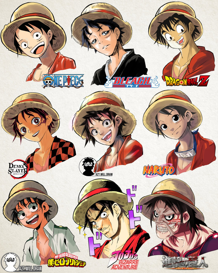 1boy a2twilldraw araki_hirohiko_(style) black_eyes black_hair bleach boku_no_hero_academia closed_mouth copyright_name dragon_ball dragon_ball_z facial_scar gotouge_koyoharu_(style) hat highres horikoshi_kouhei_(style) isayama_hajime_(style) jojo_no_kimyou_na_bouken kimetsu_no_yaiba kishimoto_masashi_(style) kubo_taito_(style) lips looking_at_viewer monkey_d_luffy multiple_views naruto_(series) oda_eiichirou_(style) one_piece open_mouth parody parted_lips scar scar_on_cheek shingeki_no_kyojin short_hair smile straw_hat style_parody teeth titan_(shingeki_no_kyojin) toriyama_akira_(style) upper_body