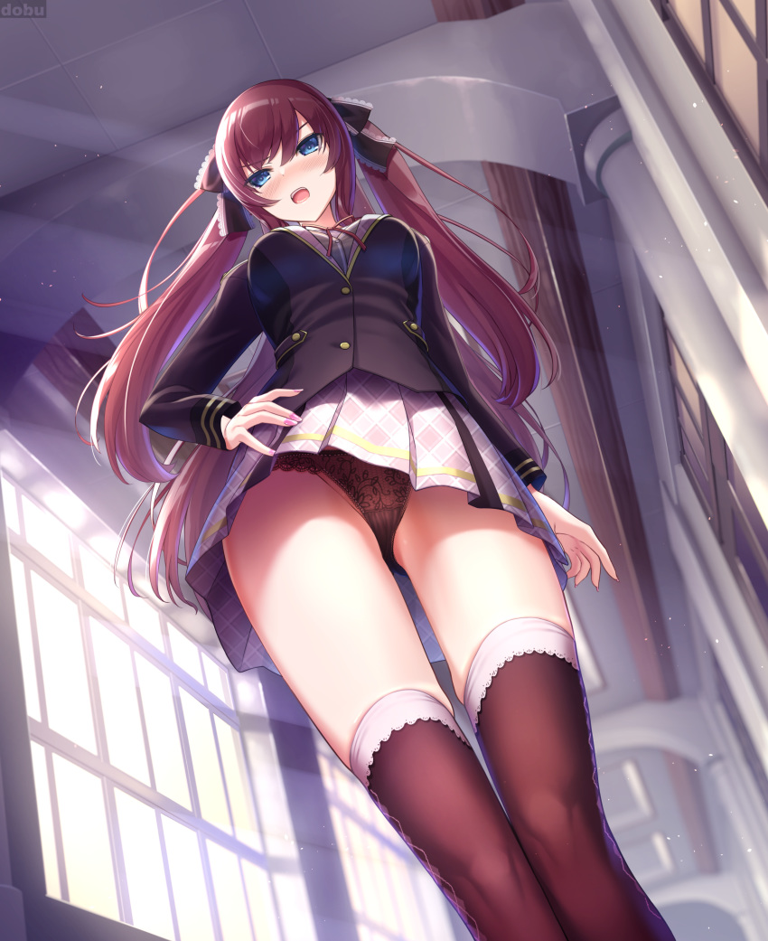 1girl absurdres bangs black_panties blazer blue_eyes blurry blurry_background blush breasts brown_hair dobunezumi eyebrows_visible_through_hair from_below full-face_blush hand_on_hip highres indoors jacket long_hair looking_at_viewer medium_breasts open_mouth original over-kneehighs panties pleated_skirt school_uniform skirt solo thighhighs two_side_up underwear upskirt