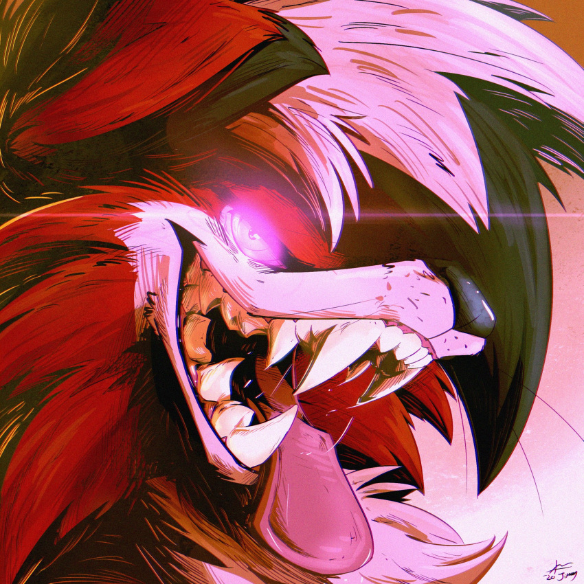 1:1 2020 ambiguous_gender anthro black_markings black_nose bodily_fluids canid canine eyebrows fangs fur glowing glowing_eyes hair headshot_portrait hi_res lycanroc mammal markings midnight_lycanroc mrjimmydafloof nintendo pink_eyes pink_tongue pok&eacute;mon pok&eacute;mon_(species) portrait red_body red_fur saliva sharp_teeth teeth tongue tongue_out video_games whiskers white_body white_fur white_hair