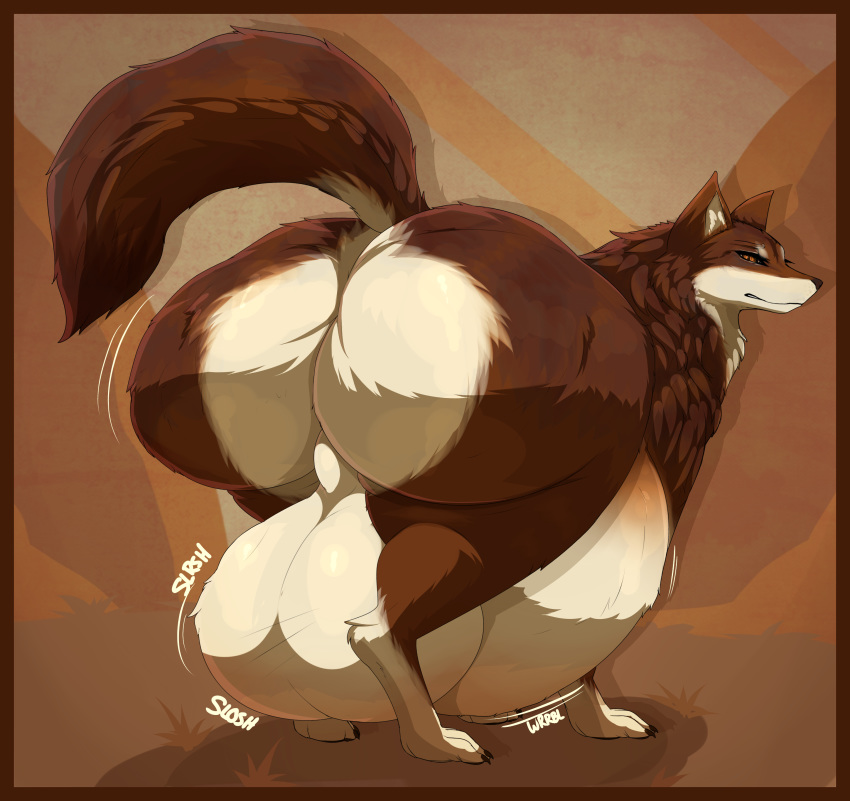 2019 absurd_res asaneman aster_(asaneman) balls belly big_balls big_belly big_butt border brown_body brown_eyes brown_fur butt canid canine canis feral fur genitals hi_res huge_balls huge_butt hyper hyper_balls hyper_belly hyper_genitalia looking_at_viewer looking_back male male_pred mammal motion_lines orange_border rumbling_stomach simple_background solo sound_effects thick_thighs vore wide_hips wolf