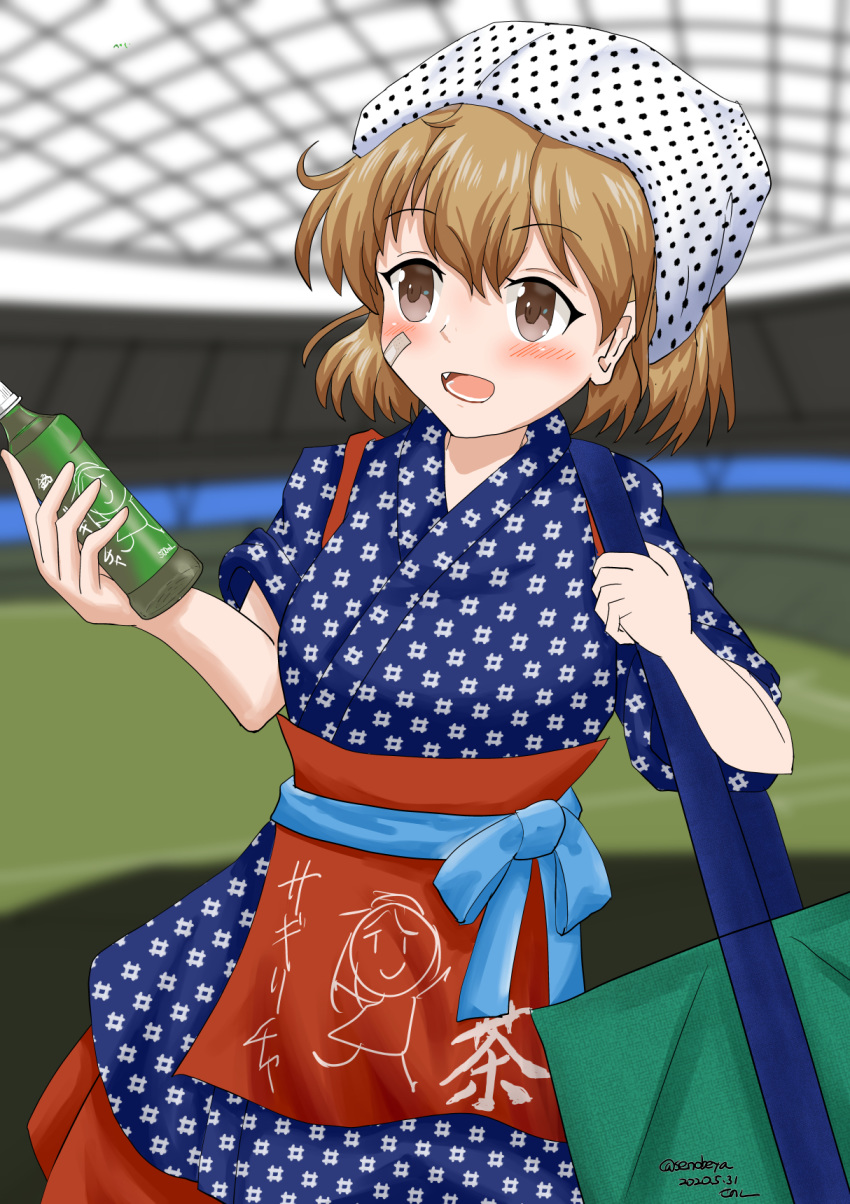 1girl alternate_costume bandaid bandaid_on_face baseball_stadium blue_kimono bottle brown_eyes brown_hair dated eyebrows_visible_through_hair fang highres holding holding_bottle japanese_clothes kantai_collection kimono looking_to_the_side oboro_(kantai_collection) senon short_hair signature solo twitter_username