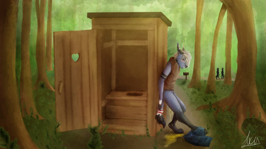 16:9 ambiguous_gender anthro being_watched bodily_fluids canid canine canis caught clothed clothing forest genital_fluids looking_at_another mammal outhouse pants_down partially_clothed peeing shadowxtra solo standing stripped_fur tree urine watersports widescreen wolf