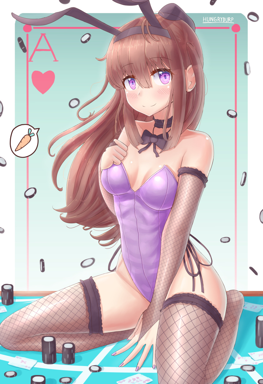 1girl absurdres animal_ears black_legwear black_neckwear borrowed_character bow bowtie breasts bridal_gauntlets brown_hair bunny_ears bunny_girl bunny_tail bunnysuit card_(medium) casino_card_table commentary english_commentary fishnet_legwear fishnets full_body gradient gradient_background highres hungrydurp leotard long_hair looking_at_viewer nail_polish original poker_chip ponytail purple_eyes purple_leotard sitting smile solo strapless strapless_leotard tail wariza