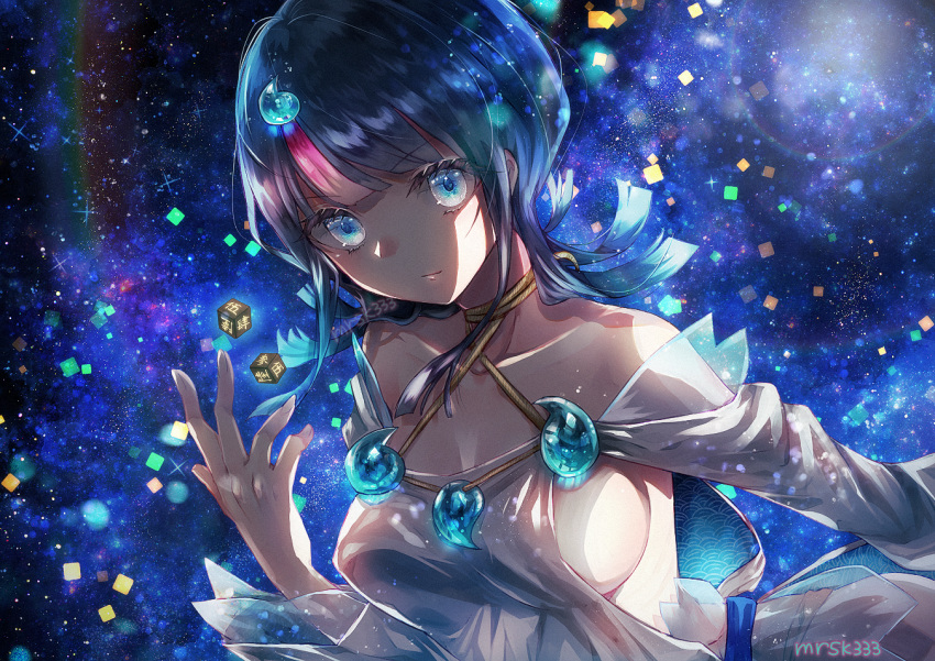 1girl bangs bare_shoulders black_hair blue_eyes blue_ribbon breasts closed_mouth collarbone dice dress fate/grand_order fate/requiem fate_(series) fundoshi japanese_clothes jewelry large_breasts long_sleeves looking_at_viewer magatama medium_hair multicolored_hair necklace night night_sky pink_hair puffy_long_sleeves puffy_sleeves ribbon short_dress sideboob sideless_outfit sky star_(sky) starry_sky streaked_hair utsumi_erise white_dress yokaranu_yuuna