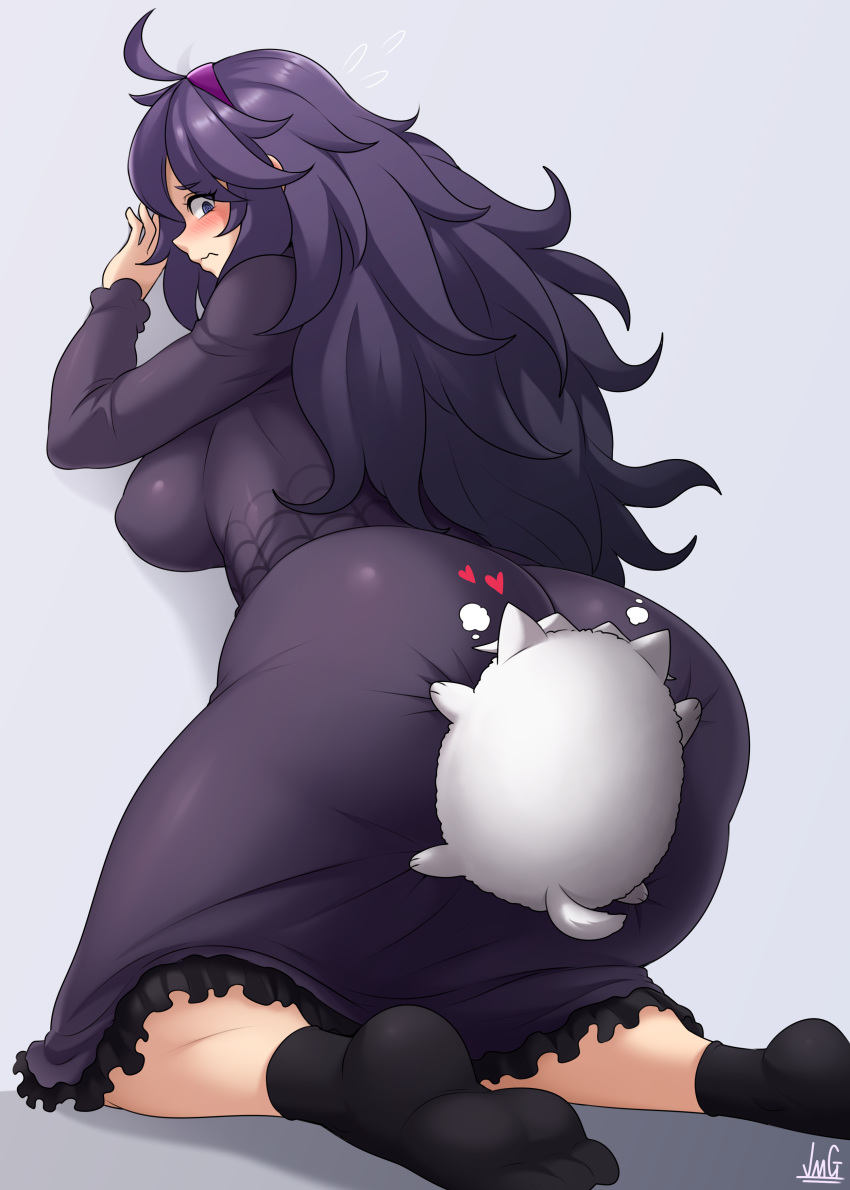 1girl 1other absurdres against_wall ass ass_focus ass_grab black_legwear blush breasts character_request commentary deep_skin dog dress embarrassed english_commentary face_in_ass grabbing_another's_ass groping heart hex_maniac_(pokemon) highres jmg kneeling large_breasts long_dress long_hair looking_back on_wall plump pokemon pokemon_(game) pokemon_xy purple_dress purple_hair socks