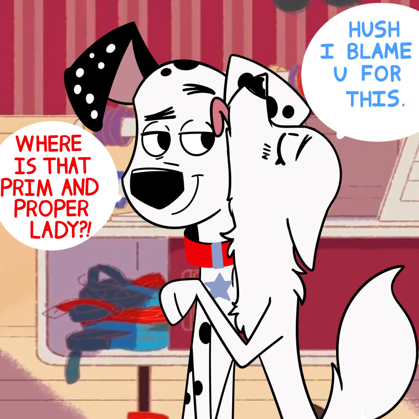 101_dalmatian_street 101_dalmatians 1:1 absurd_res blanca_(nicky_illust) canid canine canis dalmatian disney domestic_dog duo dylan_(101_dalmatians) female feral fur hi_res hypergal kissing licking male male/female mammal nordic_sled_dog samoyed smile spitz tongue tongue_out white_body white_fur