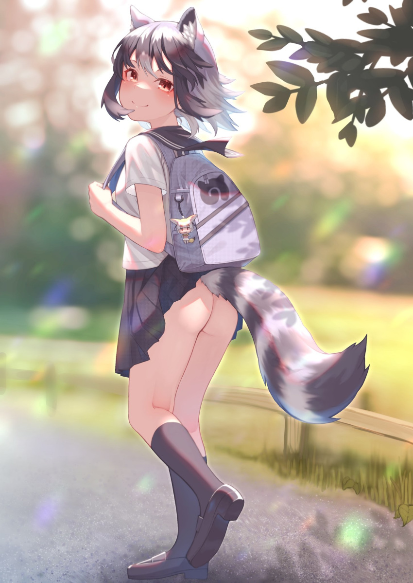 1girl alternate_costume animal_ear_fluff animal_ears ass bag bare_arms black_hair blurry blurry_background brown_eyes closed_mouth common_raccoon_(kemono_friends) contemporary day extra_ears fennec_(kemono_friends) floating_hair from_side full_body grey_hair highres japari_symbol kemono_friends kneepits looking_at_viewer medium_hair multicolored_hair no_panties outdoors pleated_skirt raccoon_ears raccoon_tail sailor_collar school_bag school_uniform shirt shoes short_sleeves skirt skirt_lift smile socks solo st.takuma tail tail_lift walking white_hair wind