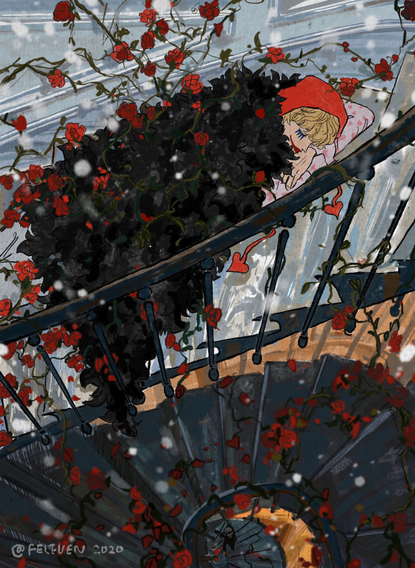 1boy artist_name blonde_hair donquixote_rocinante feleven flower fur_coat highres hood lying makeup male_focus on_stomach one_piece rose sleeping smile solo stairs