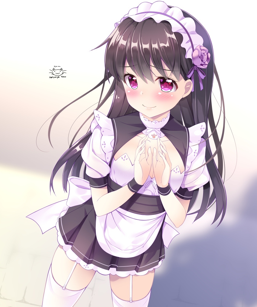 1girl absurdres alternate_costume bangs black_hair blush brown_hair closed_mouth commentary_request enmaided eyebrows_visible_through_hair flower hair_flower hair_ornament highres long_hair maid natsumiya_yuzu original pink_eyes purple_flower solo thighhighs wristband