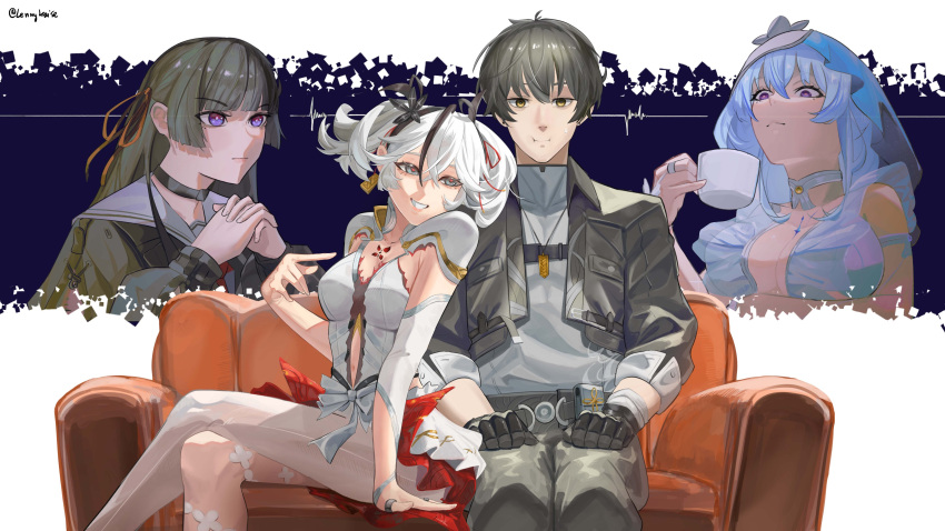 1boy 3girls absurdres arm_cutout black_hair black_jacket black_shirt blue_hair blue_veil breasts camellya_(wuthering_waves) cardiogram chisa_(wuthering_waves) clothing_cutout cup dress hair_ribbon highres holding holding_cup jacket lennykaise long_hair long_sleeves looking_at_another looking_at_viewer male_rover_(wuthering_waves) medium_breasts mole mole_under_eye multiple_girls parted_lips red_ribbon ribbon rover_(wuthering_waves) shirt shorekeeper_(wuthering_waves) short_hair short_twintails sitting smile tacet_mark_(wuthering_waves) thigh_strap thighs twintails two-tone_veil veil white_dress white_hair white_veil wuthering_waves yellow_eyes