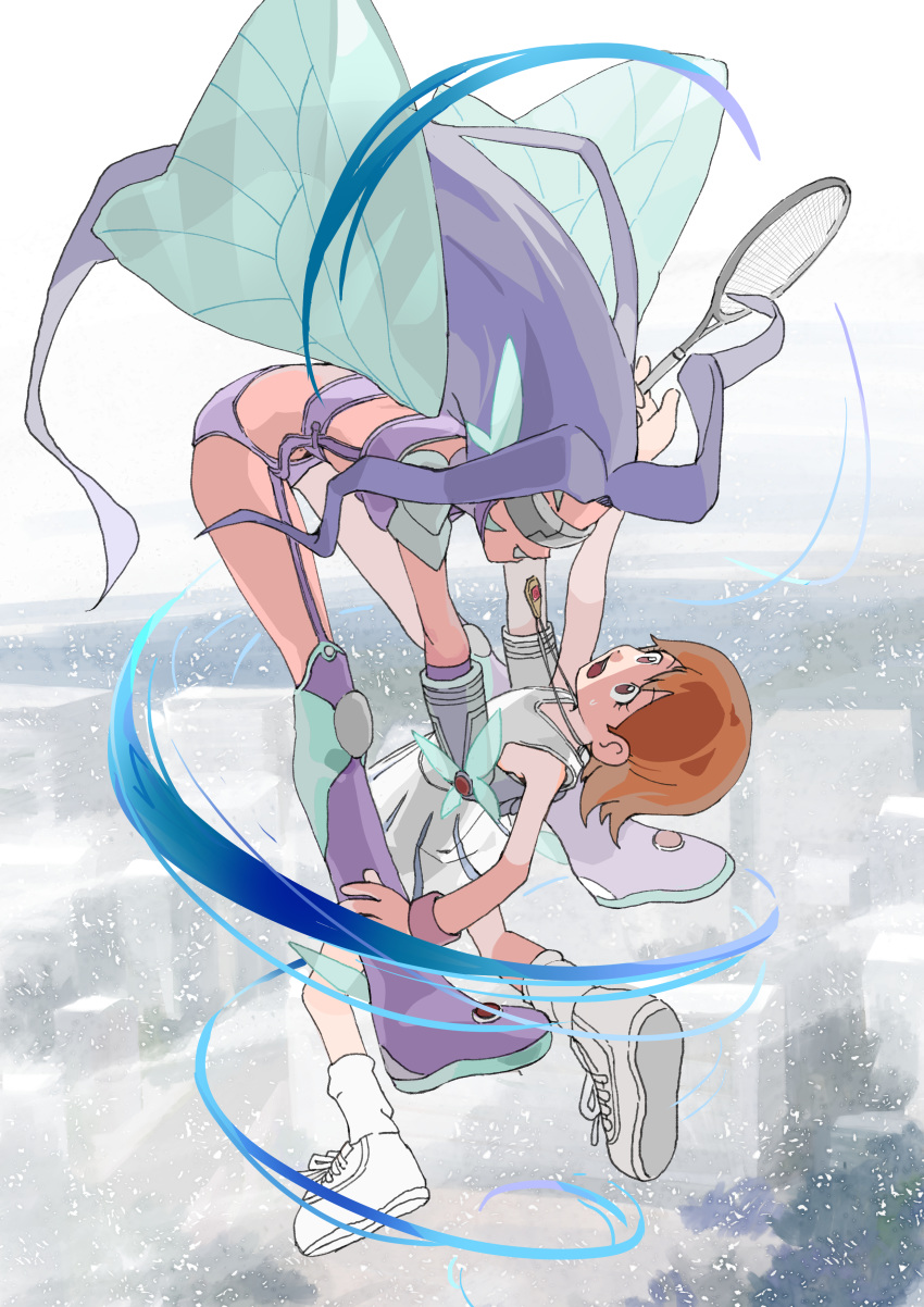 2girls absurdres boots butterfly_wings covered_eyes crossover digimon digimon_adventure digimon_frontier fairymon full_body garter_straps highres long_hair multiple_girls purple_hair purple_legwear racket shoes skirt sneakers sportswear takenouchi_sora tantanmen tennis_racket tennis_uniform thigh_boots thighhighs visor wings