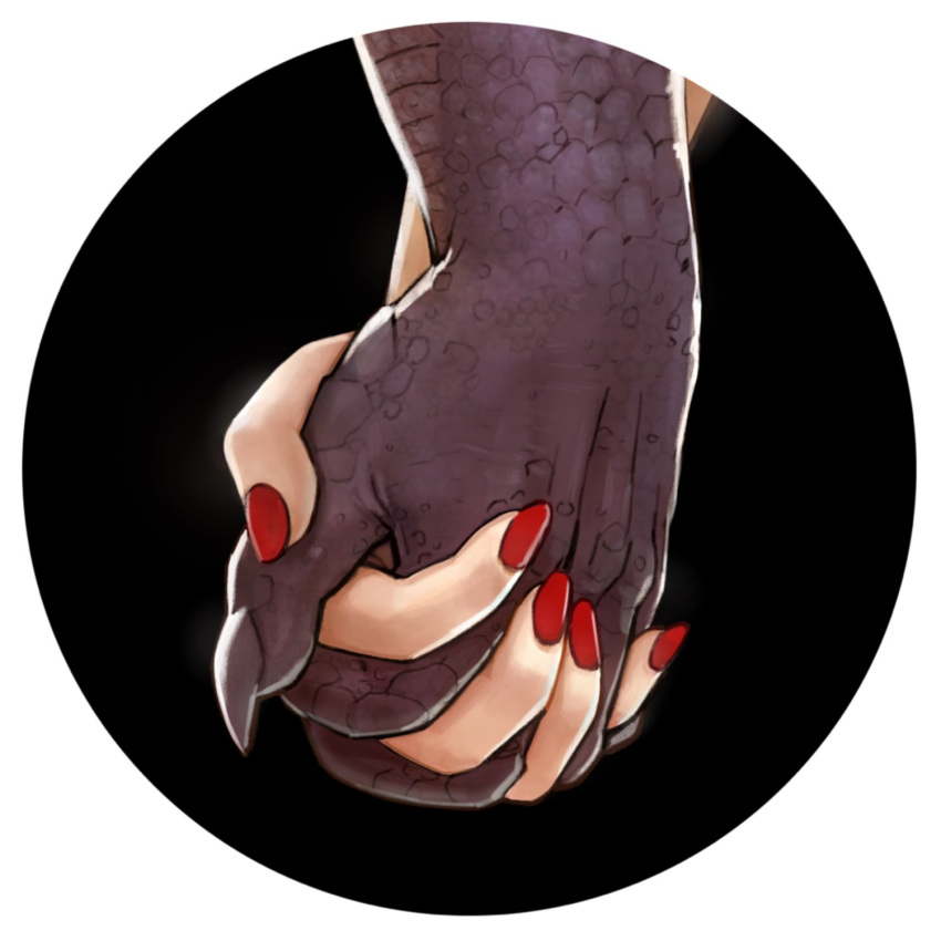 1:1 2018 5_fingers ambiguous/ambiguous ambiguous_gender anthro colored_nails digital_media_(artwork) duo fingers hand_holding hi_res human human_on_anthro interspecies maltairs mammal monster nails scales scalie simple_background