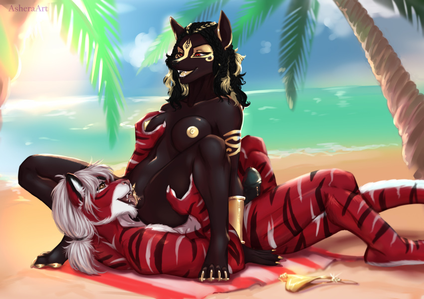 absurd_res anthro anubian_jackal asheraart beach breasts canid canine canis cunnilingus daysha_candice detailed_background duo egyptian felid feline female fur genitals gentlemanplayer gold_nipples hair hi_res jackal male male/female mammal navel nipples nude oral outside pantherine penis pussy red_eyes sand seaside sex sky smile tiger tongue vaginal water yellow_nipples