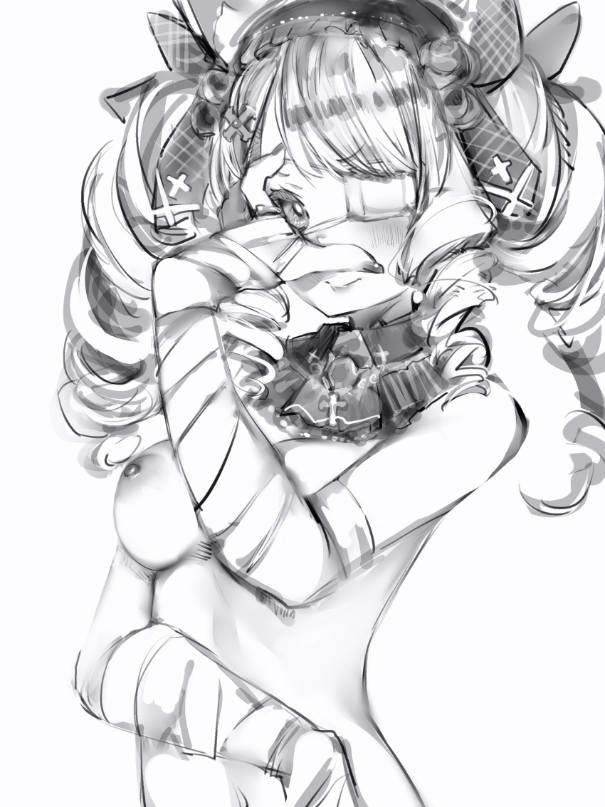 1girl bandaged_arm bandages blush bow breasts chuunibyou closed_mouth copyright_request drill_hair eyepatch fingernails flower greyscale hair_bow hair_flower hair_ornament hand_over_eye hand_over_face highres long_hair looking_at_viewer medical_eyepatch medium_breasts monochrome nanashi_(nlo74593630) nipples rose simple_background smile solo twin_drills white_background