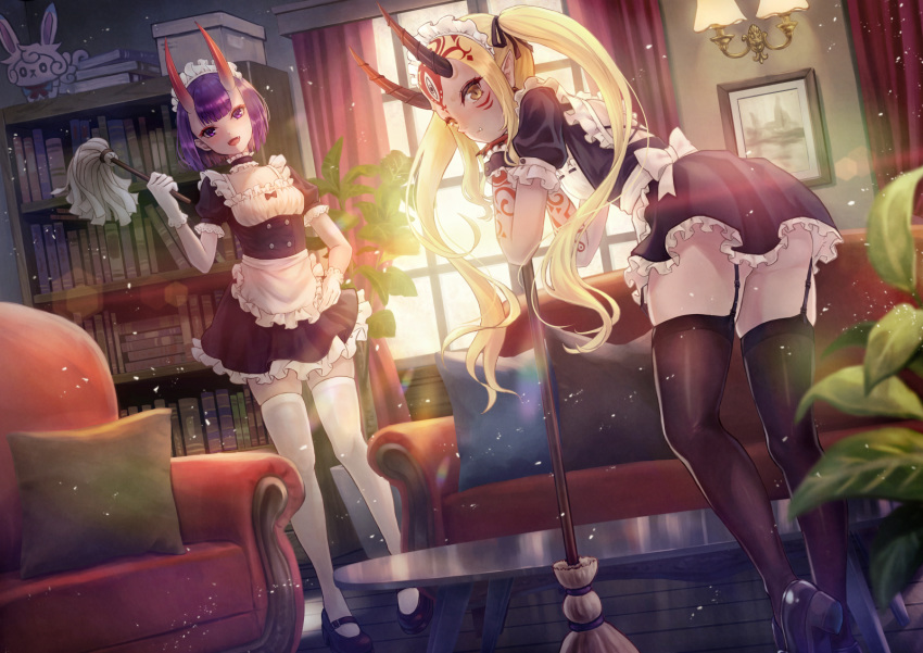 2girls alternate_costume apron ass backlighting bangs black_dress black_footwear black_legwear blonde_hair blush bob_cut bookshelf breasts broom coffee_table collarbone couch curtains cushion dress duster enmaided eyeliner facial_mark fang fang_out fate/grand_order fate_(series) forehead forehead_mark fou_(fate/grand_order) frills garter_straps gloves hair_pulled_back highres horns ibaraki_douji_(fate/grand_order) long_hair looking_at_viewer maid maid_headdress makeup multiple_girls oni oni_horns open_mouth picture_frame plant pointy_ears potted_plant puffy_short_sleeves puffy_sleeves purple_eyes purple_hair revision riyo_(lyomsnpmp)_(style) short_eyebrows short_hair short_sleeves shuten_douji_(fate/grand_order) sidelocks skin-covered_horns small_breasts tattoo thighhighs tsukizaki_shizuka twintails waist_apron white_apron white_gloves white_legwear window wrist_cuffs yellow_eyes