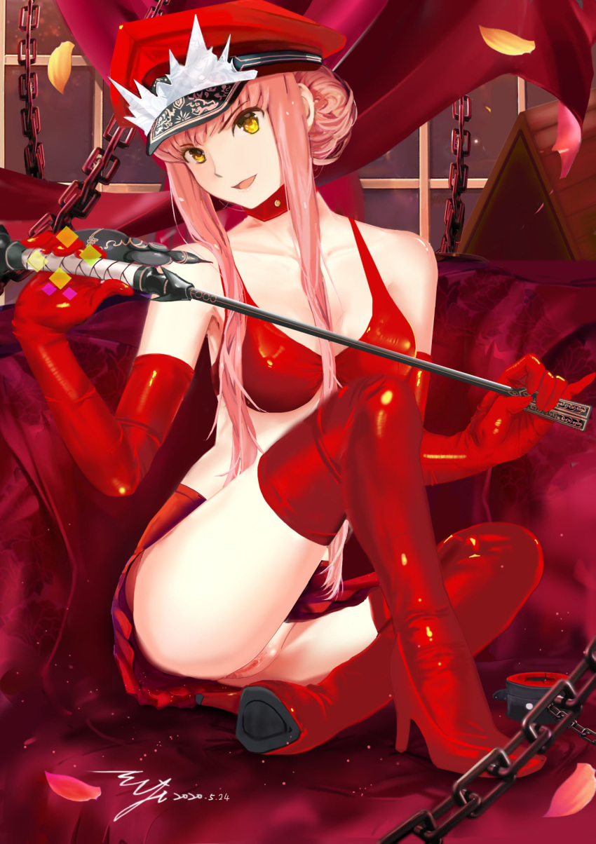 1girl alluring_chief_warden_look bangs bare_shoulders boots bra breasts chain cleavage collarbone dated detached_collar elbow_gloves fate/grand_order fate_(series) gloves hair_bun hat high_heel_boots high_heels highres knee_up long_hair looking_at_viewer medb_(fate)_(all) medb_(fate/grand_order) medium_breasts no_panties peaked_cap petals pink_hair pussy red_bra red_footwear red_gloves red_headwear red_skirt revision riding_crop sidelocks signature sitting skirt smile thigh_boots thighhighs tiara underwear yellow_eyes yipaint