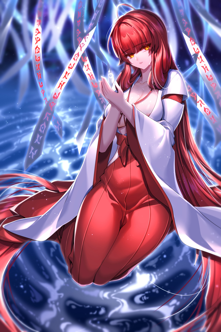 1girl absurdly_long_hair absurdres ahoge bangs been blurry blurry_background breasts cleavage elesis_(elsword) elsword eyebrows_visible_through_hair hair_between_eyes hakama highres japanese_clothes kimono kneeling large_breasts long_hair long_sleeves looking_at_viewer looking_to_the_side miko parted_lips red_hair red_hakama shiny shiny_hair solo very_long_hair water_surface white_kimono wide_sleeves yellow_eyes
