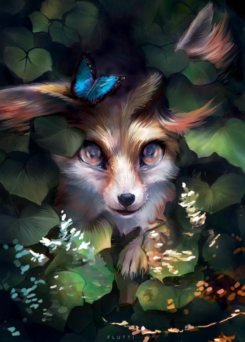 2019 absurd_res ambiguous_gender arthropod black_claws black_nose blue_body blue_morpho blue_pupils butterfly claws detailed digital_media_(artwork) digital_painting_(artwork) duo fennekin feral flutti front_view fur glistening glistening_eyes hi_res insect larger_ambiguous leaf lepidopteran lepidopteran_wings light lighting looking_at_viewer nintendo paws pink_eyes plant pok&eacute;mon pok&eacute;mon_(species) shrub size_difference smaller_ambiguous solo_focus spread_wings stealth video_games whiskers white_body white_fur wings