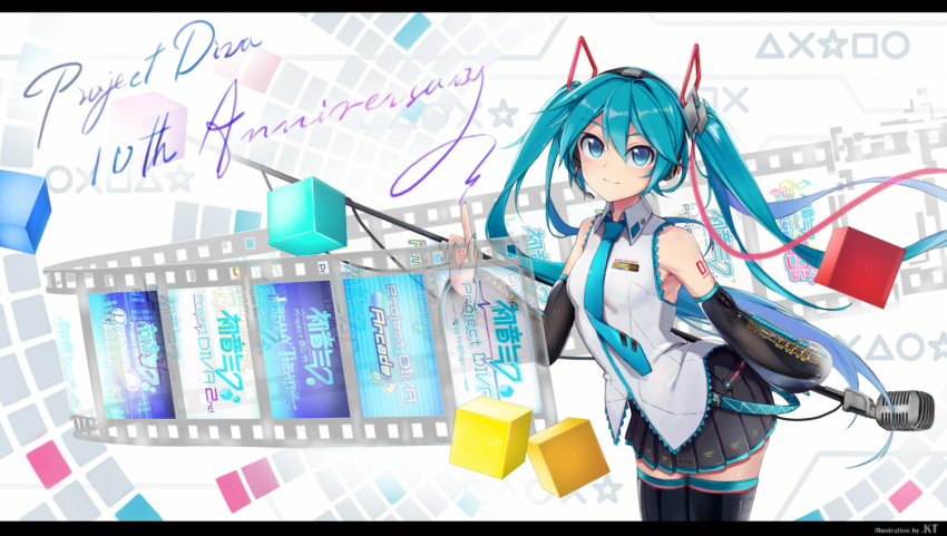 1girl anniversary artist_name black_legwear black_skirt blue_eyes blue_hair blue_nails blue_neckwear breasts closed_mouth collared_shirt commentary_request copyright_name cowboy_shot detached_sleeves eyebrows_visible_through_hair film_strip hair_ornament hatsune_miku hatsune_miku_(vocaloid3) headset index_finger_raised kin_toki letterboxed long_hair looking_at_viewer microphone necktie pleated_skirt project_diva_(series) shirt shoulder_tattoo shure_55sh skirt sleeveless sleeveless_shirt small_breasts smile solo tattoo thighhighs twintails very_long_hair vintage_microphone vocaloid white_shirt wing_collar zettai_ryouiki
