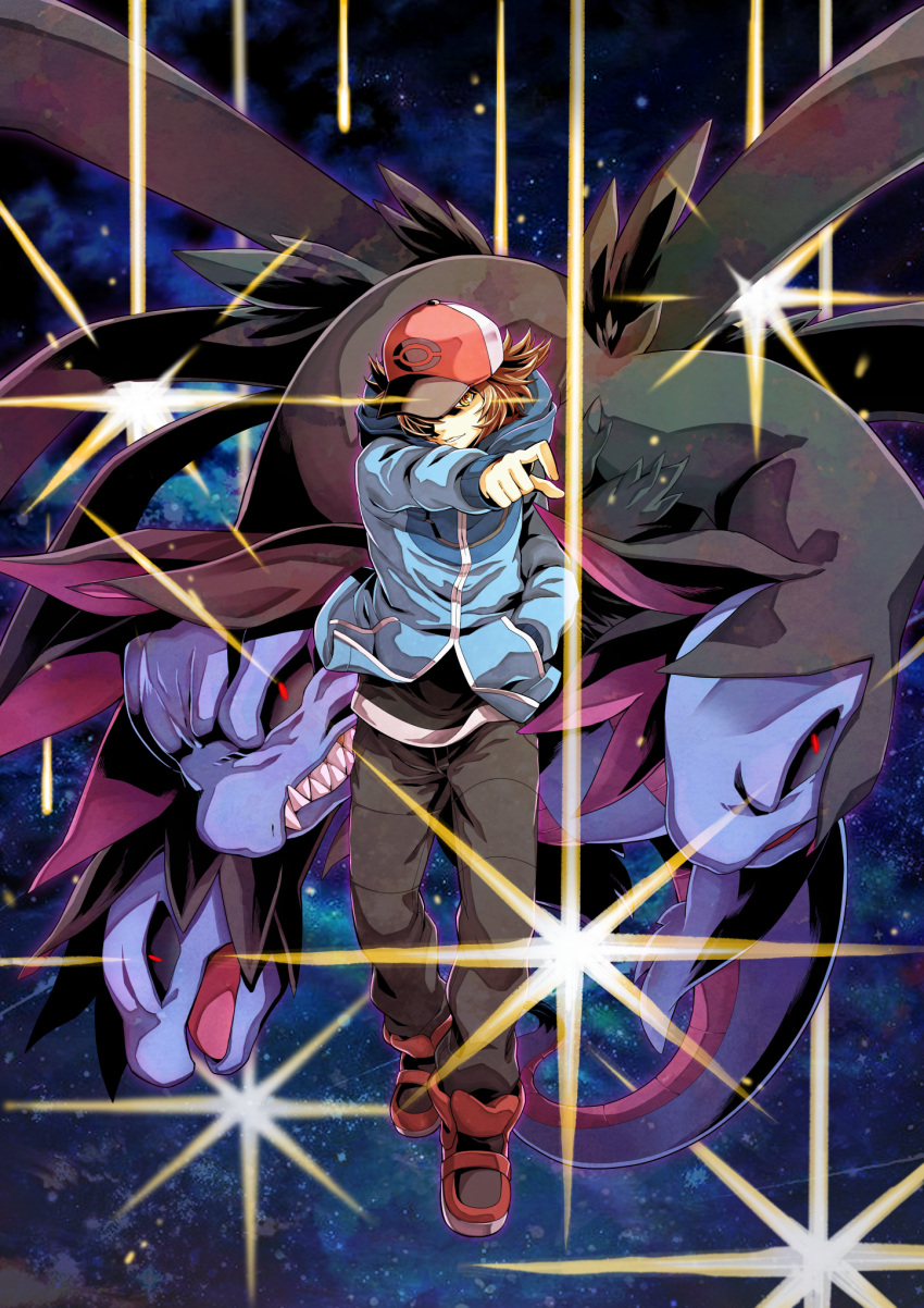 1boy baseball_cap black_sclera brown_hair clenched_teeth dragon full_body gen_5_pokemon hand_in_pocket hat highres hood hood_down hooded_jacket hydreigon jacket long_sleeves looking_at_viewer multiple_heads outstretched_arm pants parted_lips pokemon pokemon_(creature) pokemon_(game) pokemon_bw red_eyes ringed_eyes ryuusei_(trickster) sharp_teeth shoes sky smile star_(sky) starry_sky teeth touya_(pokemon) walking yellow_eyes