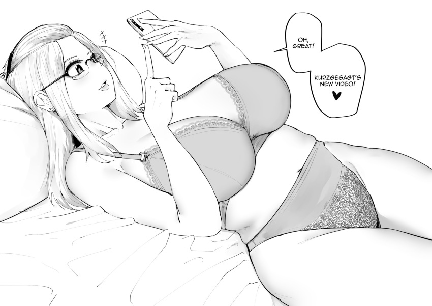1girl bangs_pinned_back bare_shoulders bed bra breasts cellphone cleavage curvy folded_hair glasses greyscale hair_pulled_back highres holding holding_phone huge_breasts inne_sulistya_robin large_breasts looking_at_phone lying monochrome norman_maggot on_back open_mouth original panties parted_lips phone pillow smartphone thick_thighs thighs underwear