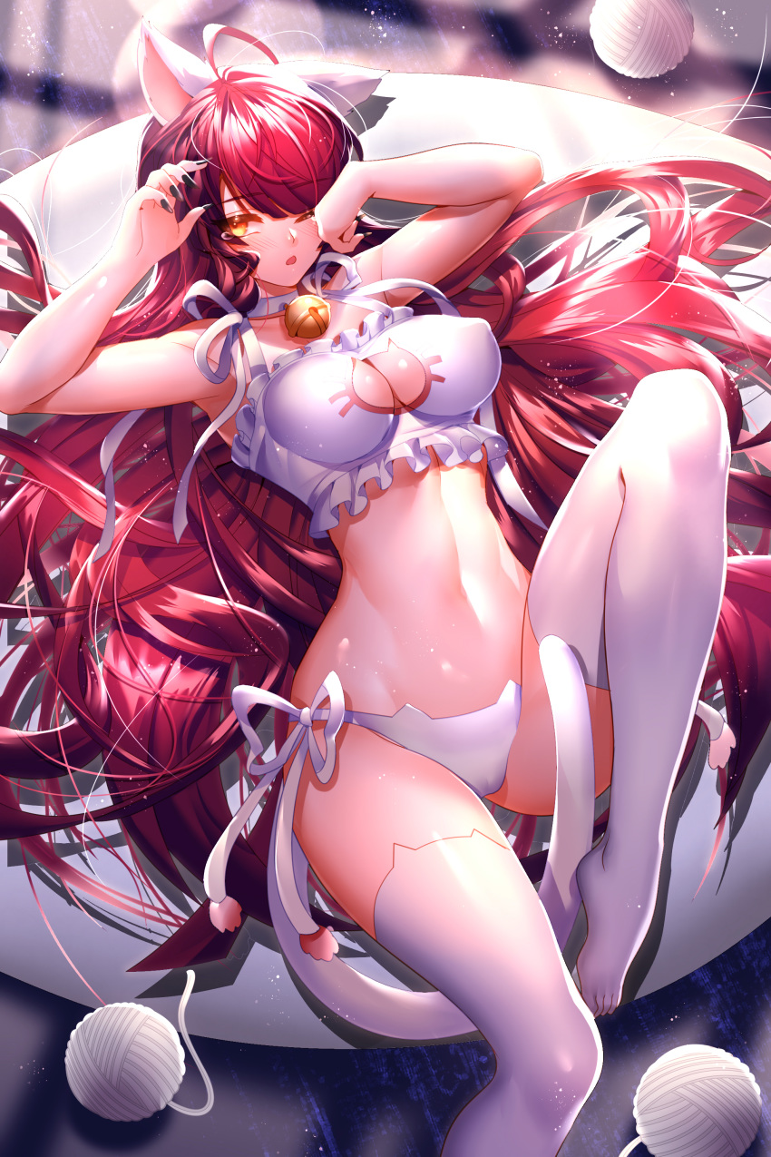 1girl absurdres ahoge animal_ears armpits bangs been bell bell_collar black_nails bra breasts cat_cutout cat_ears cat_lingerie cat_tail cinderella_bust cleavage cleavage_cutout collar collarbone covered_nipples dust_particles elesis_(elsword) elsword eyebrows_visible_through_hair frilled_bra frills groin hair_between_eyes highres kemonomimi_mode large_breasts long_hair looking_at_viewer meme_attire nail_polish navel one_eye_closed open_mouth panties red_hair ribbon shiny shiny_hair side-tie_panties solo tail tears thighhighs underwear underwear_only very_long_hair white_bra white_legwear white_panties white_ribbon yellow_eyes