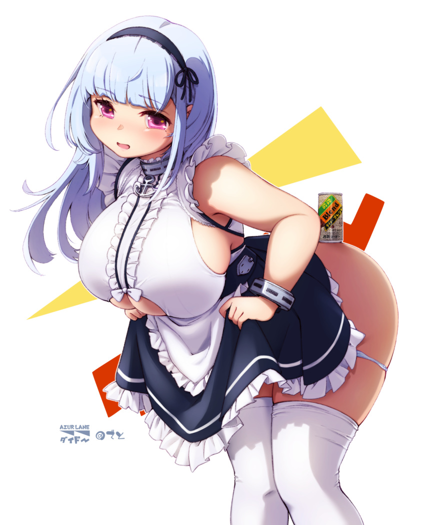 1girl apron azur_lane bangs black_hairband black_ribbon blue_hair blue_panties bow breasts can center_frills character_name copyright_name curvy deto dido_(azur_lane) dress dress_lift eyebrows_visible_through_hair frilled_apron frilled_dress frills hairband highres huge_breasts light_blue_hair long_hair looking_at_viewer maid maid_apron maid_dress object_on_ass open_mouth panties panty_pull pink_eyes ribbon skindentation solo thick_thighs thighhighs thighs twitter_username underboob underboob_cutout underwear white_apron white_background white_bow white_legwear