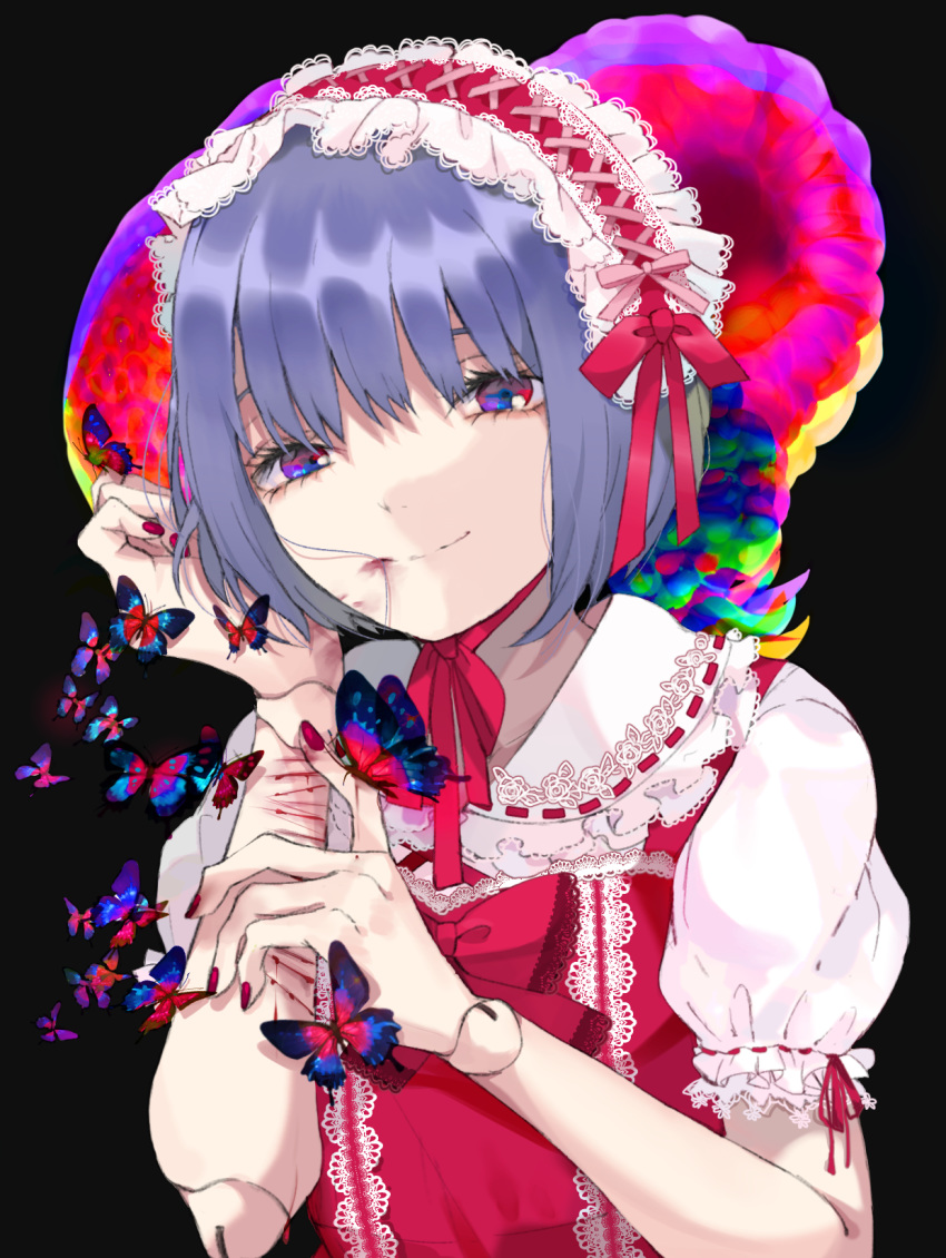 1girl animal bangs black_background blood blood_on_face blue_eyes blue_hair bug butterfly closed_mouth collared_shirt commentary_request doll_joints dress eyebrows_behind_hair hair_in_mouth highres insect joints kayanogura multicolored multicolored_eyes nail_polish original puffy_short_sleeves puffy_sleeves red_dress red_eyes red_nails ribbon_trim shirt short_sleeves simple_background sleeveless sleeveless_dress smile solo upper_body white_shirt