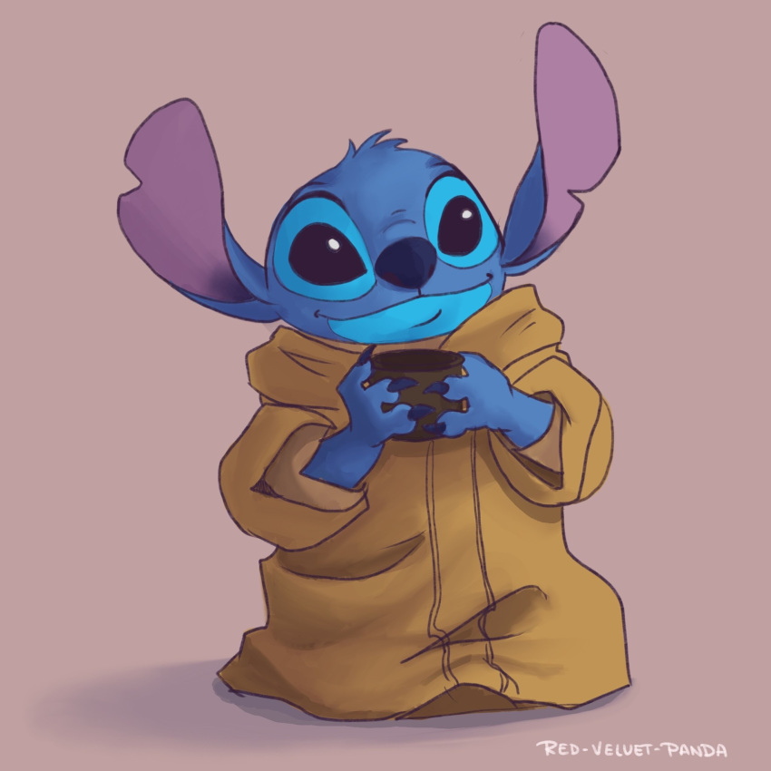 1:1 alien blue_body blue_claws blue_fur caliosidhe claws clothing disney experiment_(lilo_and_stitch) fingers fur hi_res holding_object lilo_and_stitch male_(lore) no_sclera notched_ear smile solo star_wars stitch_(lilo_and_stitch) sweater the_child_(star_wars) topwear