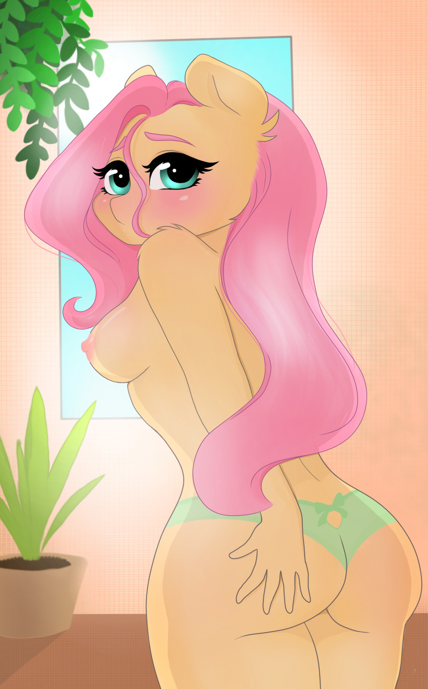 absurd_res angelic-doodles anthro blush butt butt_pose casual_exposure clothed clothing equid equine female fluttershy_(mlp) friendship_is_magic hair hi_res holding_butt horse looking_back mammal my_little_pony nipples panties pink_hair pony pose solo topless underwear wide_hips