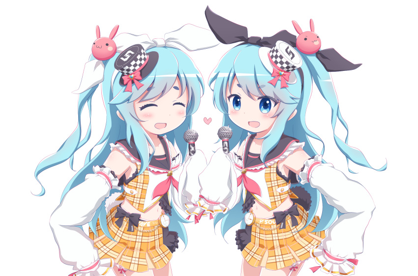 2girls :d ^_^ black_headwear black_ribbon black_sailor_collar blue_eyes blue_hair blush bunny_hair_ornament checkered checkered_hat closed_eyes commentary_request detached_sleeves glint goth_risuto hair_ornament hair_ribbon hat heart highres holding holding_microphone long_hair long_sleeves microphone midriff mini_hat multiple_girls navel near_(sound_voltex) neckerchief noah_(sound_voltex) one_side_up open_mouth orange_skirt plaid plaid_shirt plaid_skirt pleated_skirt pocket_watch red_neckwear revision ribbon sailor_collar shirt simple_background skirt sleeves_past_fingers sleeves_past_wrists smile sound_voltex tilted_headwear very_long_hair watch white_background white_headwear white_ribbon white_shirt white_sleeves