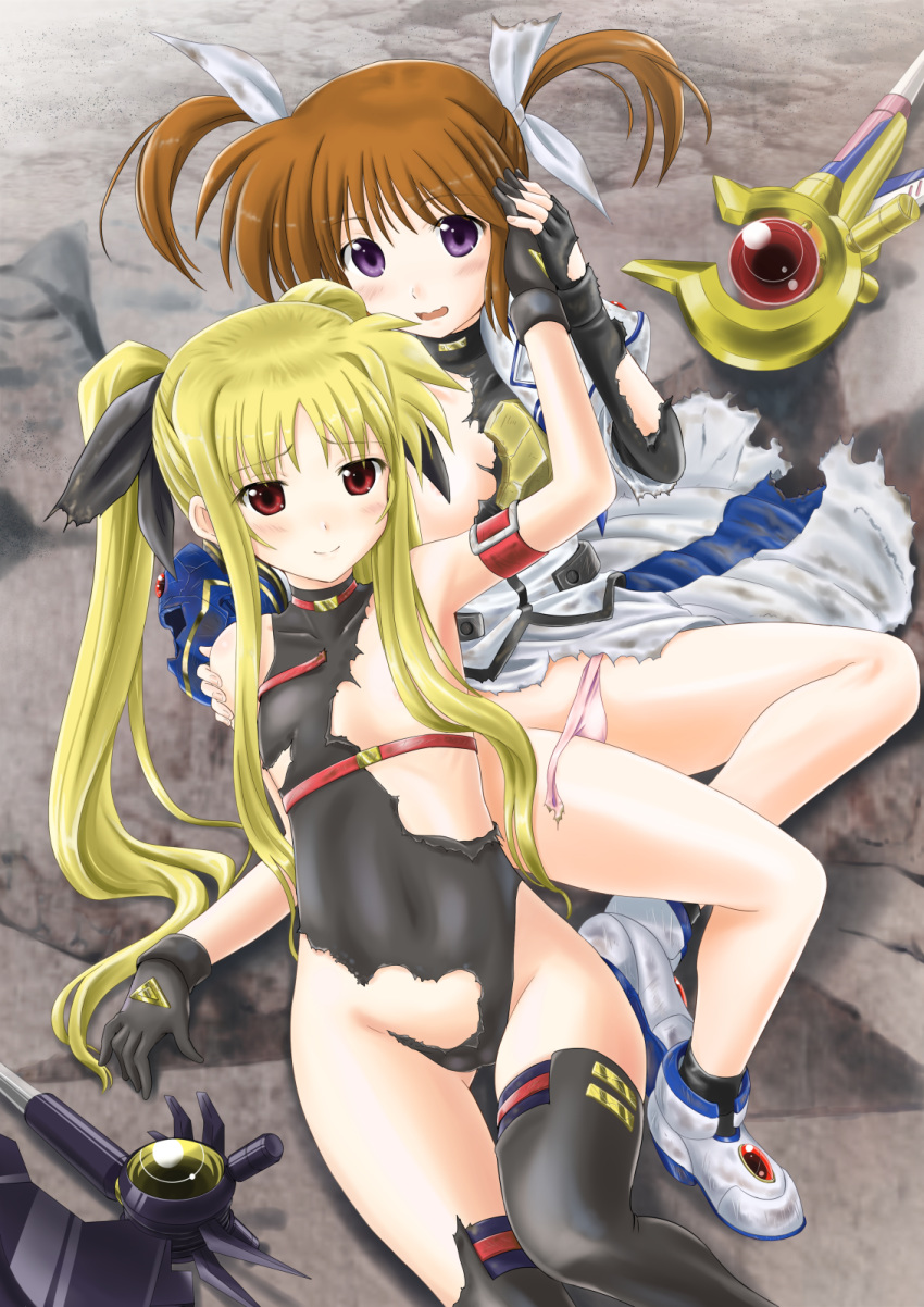 2girls bardiche black_leotard blonde_hair blush brown_hair convenient_censoring covered_navel dress fate_testarossa hair_censor highres kuroyorozu leotard long_hair looking_at_viewer lyrical_nanoha magical_girl mahou_shoujo_lyrical_nanoha multiple_girls open_mouth panties pink_panties purple_eyes raising_heart red_eyes sidelocks smile takamachi_nanoha torn_clothes torn_dress torn_legwear torn_leotard torn_panties torn_sleeves underwear