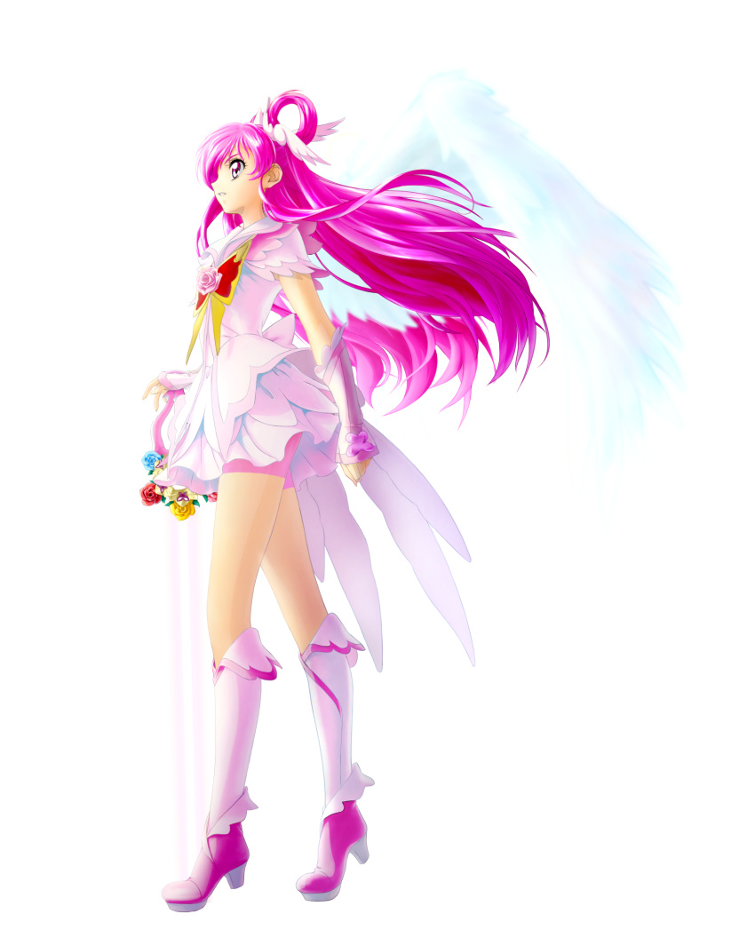 1girl angel_wings bike_shorts cure_dream detached_sleeves erufa_(pixiv) feathered_wings floating_hair flower from_side full_body hand_on_hilt high_heels highres kneehighs layered_skirt long_hair miniskirt parted_lips pink_eyes pink_flower pink_footwear pink_hair pink_rose pink_shorts pink_sleeves pleated_skirt precure profile rose shiny shiny_hair short_shorts shorts shorts_under_skirt skirt solo standing sword tied_hair transparent_background very_long_hair weapon white_legwear white_skirt white_wings wings yes!_precure_5