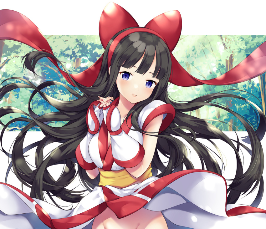 1girl ainu_clothes arm_guards bangs black_hair blue_eyes blunt_bangs blush bottomless bow dappled_sunlight fingerless_gloves floating_hair forest gloves groin hair_bow hairband head_tilt highres interlocked_fingers long_hair miyano_ururu nakoruru nature no_panties out-of-frame_censoring own_hands_together red_bow red_ribbon ribbon samurai_spirits sash short_sleeves smile solo sunlight very_long_hair