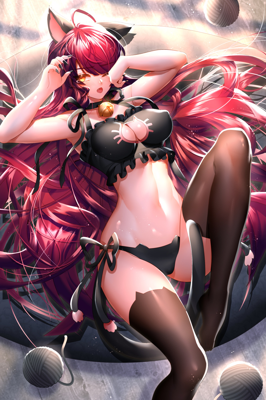 1girl absurdres ahoge animal_ears armpits bangs been bell bell_collar black_bra black_legwear black_nails black_panties black_ribbon bra breasts cat_cutout cat_ears cat_lingerie cat_tail cinderella_bust cleavage cleavage_cutout collar collarbone covered_nipples dust_particles elesis_(elsword) elsword eyebrows_visible_through_hair fang frilled_bra frills groin hair_between_eyes highres kemonomimi_mode large_breasts long_hair looking_at_viewer meme_attire nail_polish navel one_eye_closed open_mouth panties red_hair ribbon shiny shiny_hair side-tie_panties solo tail tears thighhighs underwear underwear_only very_long_hair yellow_eyes