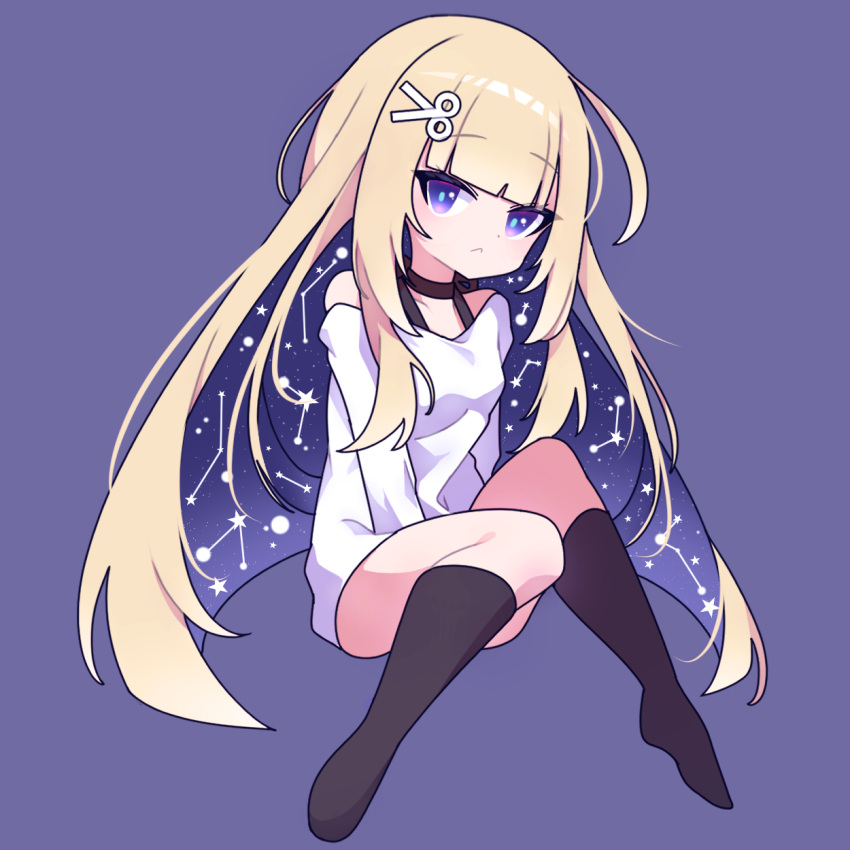 1girl amanogawa_shiina between_legs blonde_hair cross_(vgne4542) full_body hair_ornament hairpin hand_between_legs highres long_hair phase_connect purple_eyes simple_background solo