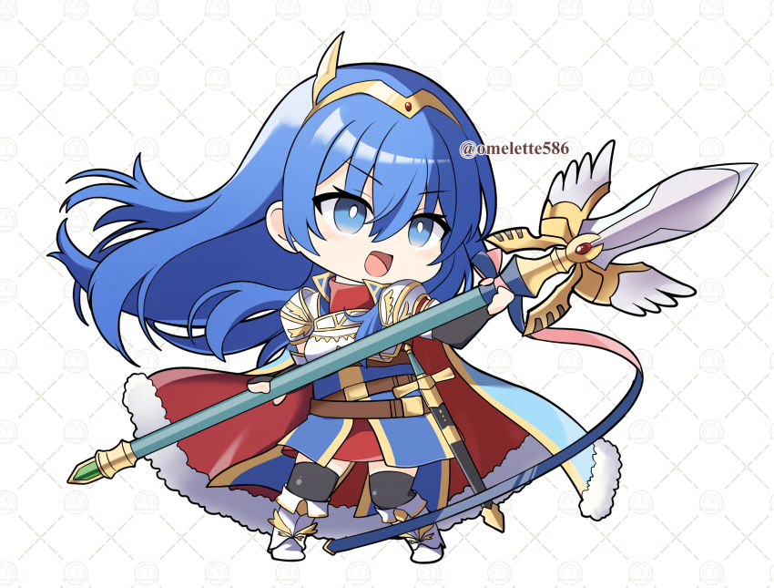 1girl :d armor belt black_gloves black_thighhighs blue_eyes blue_hair breastplate brown_belt caeda_(fire_emblem) caeda_(marth's_faithful)_(fire_emblem) cape chibi chibi_only dress elbow_gloves fingerless_gloves fire_emblem fire_emblem:_mystery_of_the_emblem fire_emblem_heroes full_body gloves hair_between_eyes highres holding holding_polearm holding_weapon komurice long_hair official_alternate_costume open_mouth polearm sheath sheathed short_sleeves shoulder_armor smile solo sword thighhighs tiara twitter_username very_long_hair weapon white_footwear