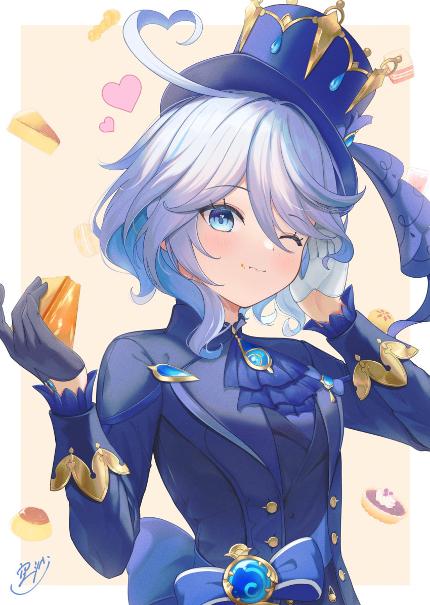 1girl ;) ahoge ascot asymmetrical_gloves black_gloves black_shirt blue_ascot blue_eyes blue_hair blue_headwear blue_jacket brooch cake commentary food furina_(genshin_impact) genshin_impact gloves hands_up hat heart heart_ahoge highres holding holding_food jacket jewelry long_sleeves looking_at_viewer mismatched_gloves one_eye_closed shirt short_hair smile sola_num_5130 solo top_hat upper_body white_gloves