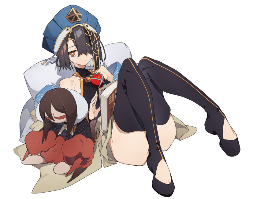 10mo 1girl bare_shoulders black_hair black_thighhighs blue_headwear book breasts brown_eyes chinese_clothes doll fate/grand_order fate_(series) hair_ornament hair_over_one_eye hairpin hat highres holding holding_doll jewelry knees_up long_sleeves looking_at_viewer lying mole mole_under_eye necklace on_back pillow robe rope short_hair small_breasts solo thighhighs white_robe wide_sleeves xu_fu_(fate) yu_mei-ren_(fate)