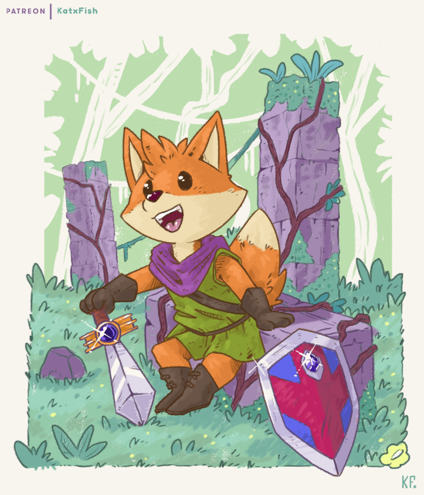 absurd_res adventure anthro boots canid canine clothing footwear forest fox grass green_clothing happy hi_res katxfish male mammal melee_weapon plant shield shirt sitting smile solo sword topwear tree tunic tunic_(video_game) weapon