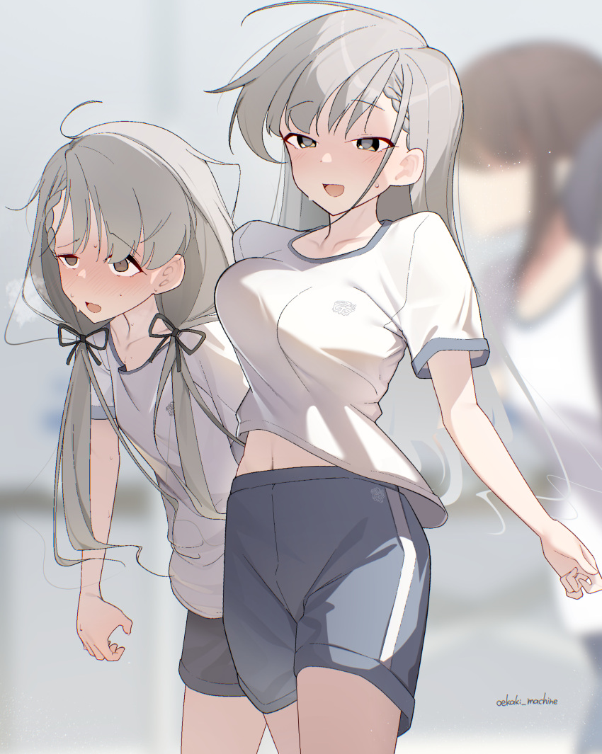 4girls absurdres artist_name asymmetrical_bangs blue_shorts blurry blurry_background braid braided_bangs breasts breath collarbone commentary_request exhausted grey_hair gym_shirt gym_uniform hair_ribbon highres hisakawa_hayate hisakawa_nagi idolmaster idolmaster_cinderella_girls looking_ahead medium_breasts midriff_peek multiple_girls navel oekaki_machine outdoors ribbon shirt short_sleeves shorts siblings sisters small_breasts sweat three-legged_race twins twintails