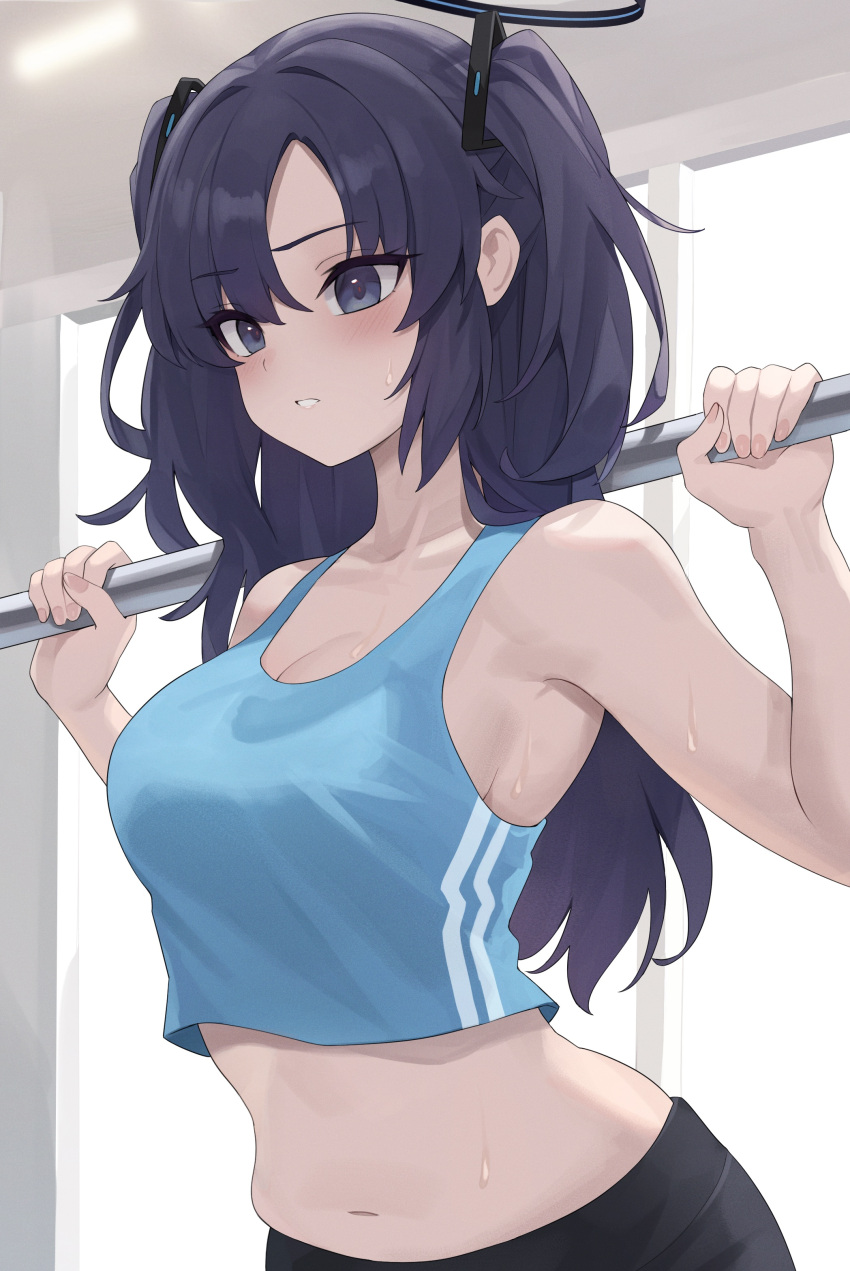 1girl absurdres black_pants blue_archive blue_sports_bra blush breasts cleavage collarbone halo highres large_breasts long_hair mechanical_halo navel open_mouth pants purple_eyes purple_hair solo sports_bra sweat two_side_up yuuka_(blue_archive) zeatto