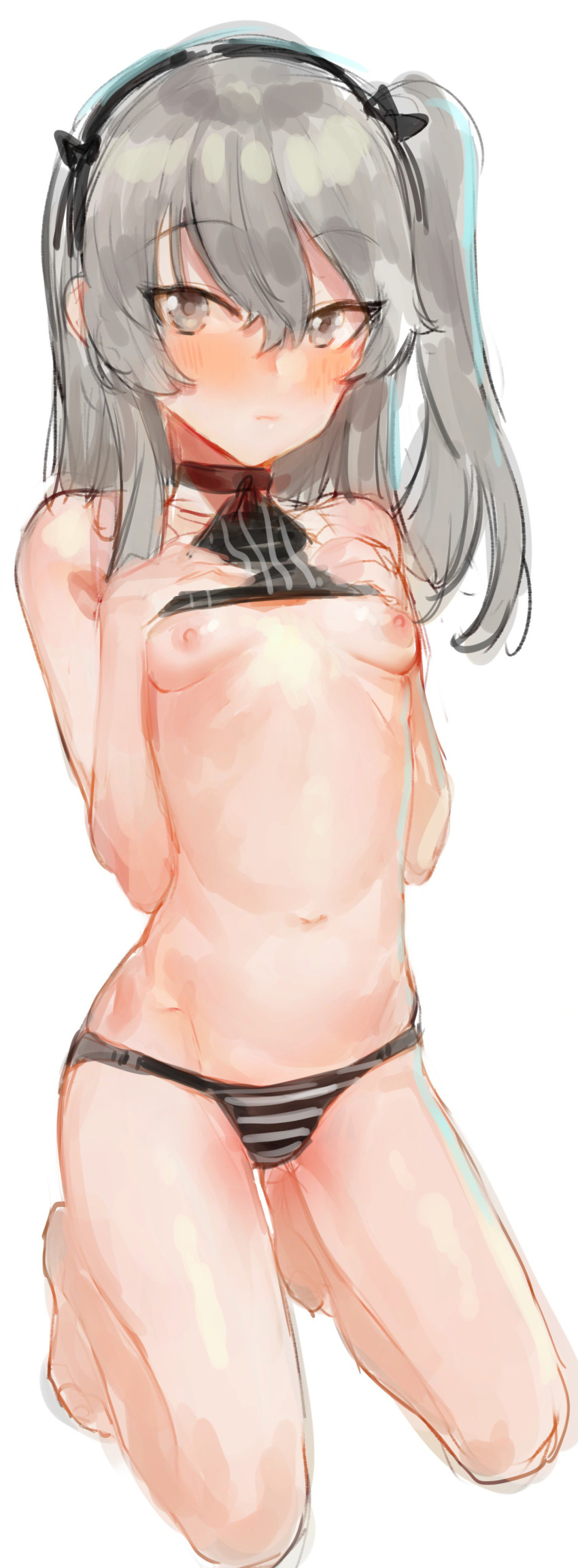 1girl absurdres bare_arms bare_legs bare_shoulders barefoot bikini bikini_lift black_bikini black_bow black_choker blush bow breasts character_request choker closed_mouth eyebrows_visible_through_hair full_body girls_und_panzer grey_eyes grey_hair hair_between_eyes hair_bow hairband hands_up highres kneeling looking_at_viewer navel nipples nose_blush one_side_up simple_background small_breasts solo striped striped_bikini suisogenshi swimsuit white_background